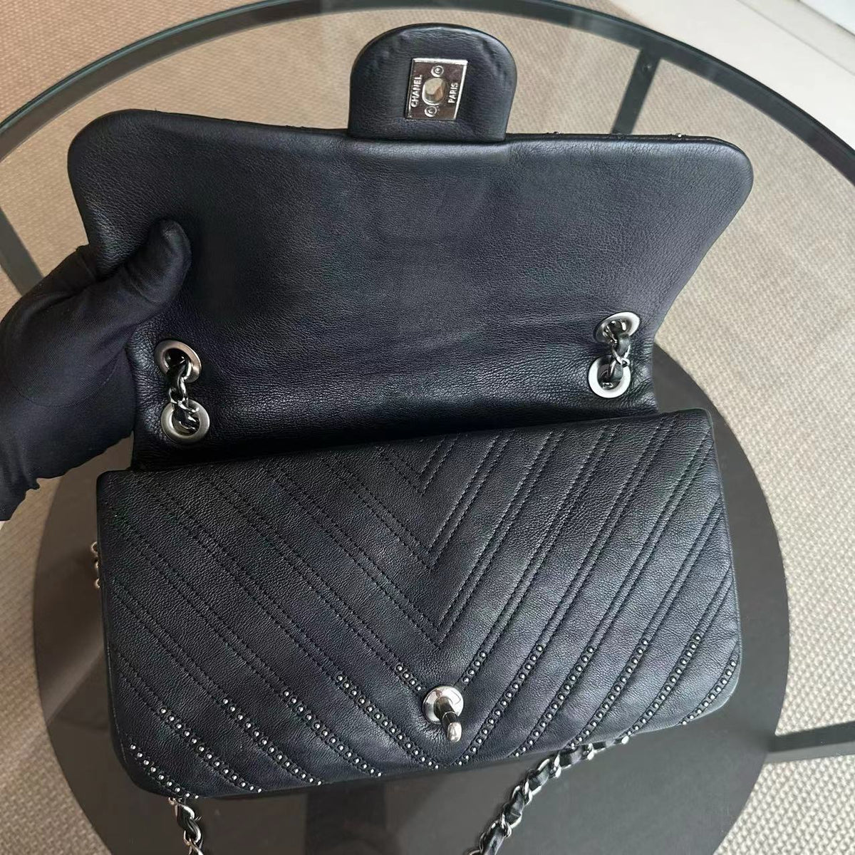 Chanel Seasonal Flap - Studded 25CM Chevron Calfskin Black Silver Hardware Series 24