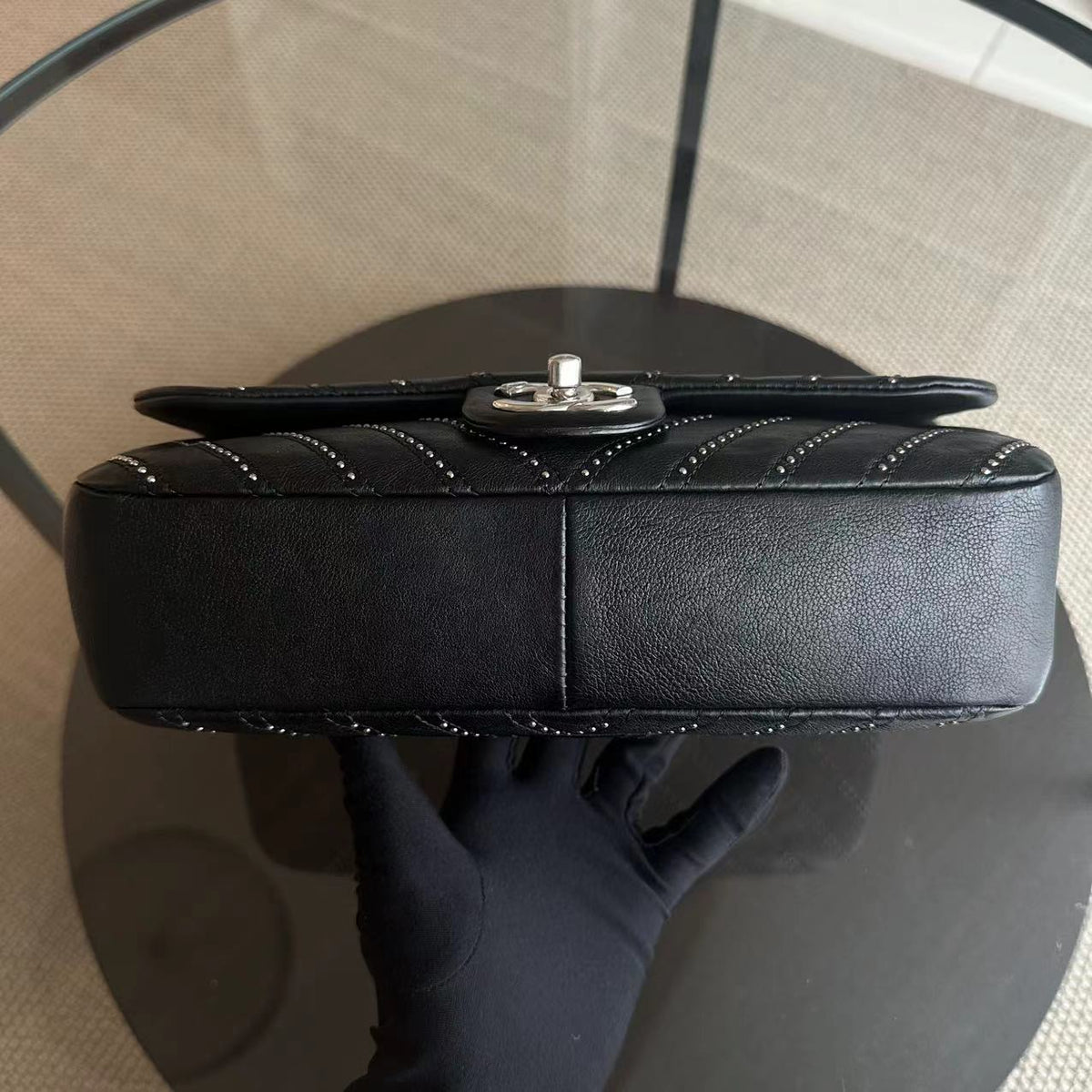 Chanel Seasonal Flap - Studded 25CM Chevron Calfskin Black Silver Hardware Series 24