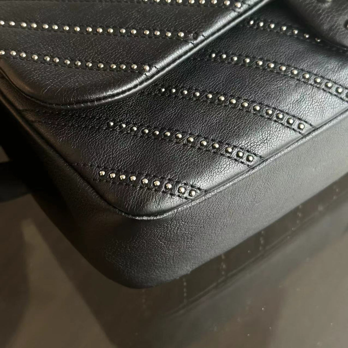 Chanel Seasonal Flap - Studded 25CM Chevron Calfskin Black Silver Hardware Series 24