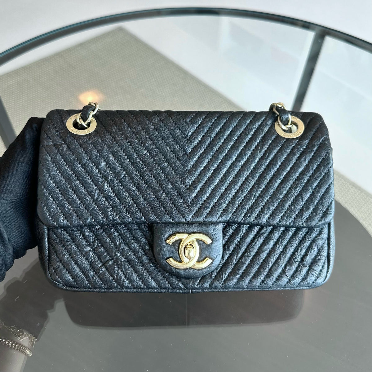 Surpique CC Herringbone Medallion Flap Chevron Goatskin Black GHW No 21