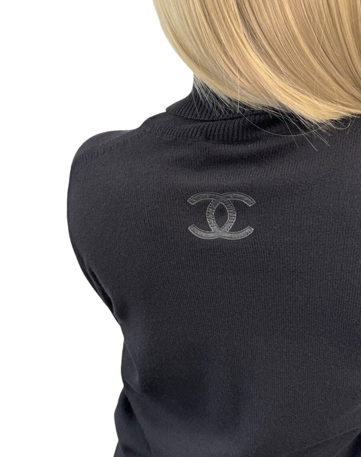 CHANEL Vintage P42169 CC Mark Logo Sweater Top #40 Black Wool Turtleneck