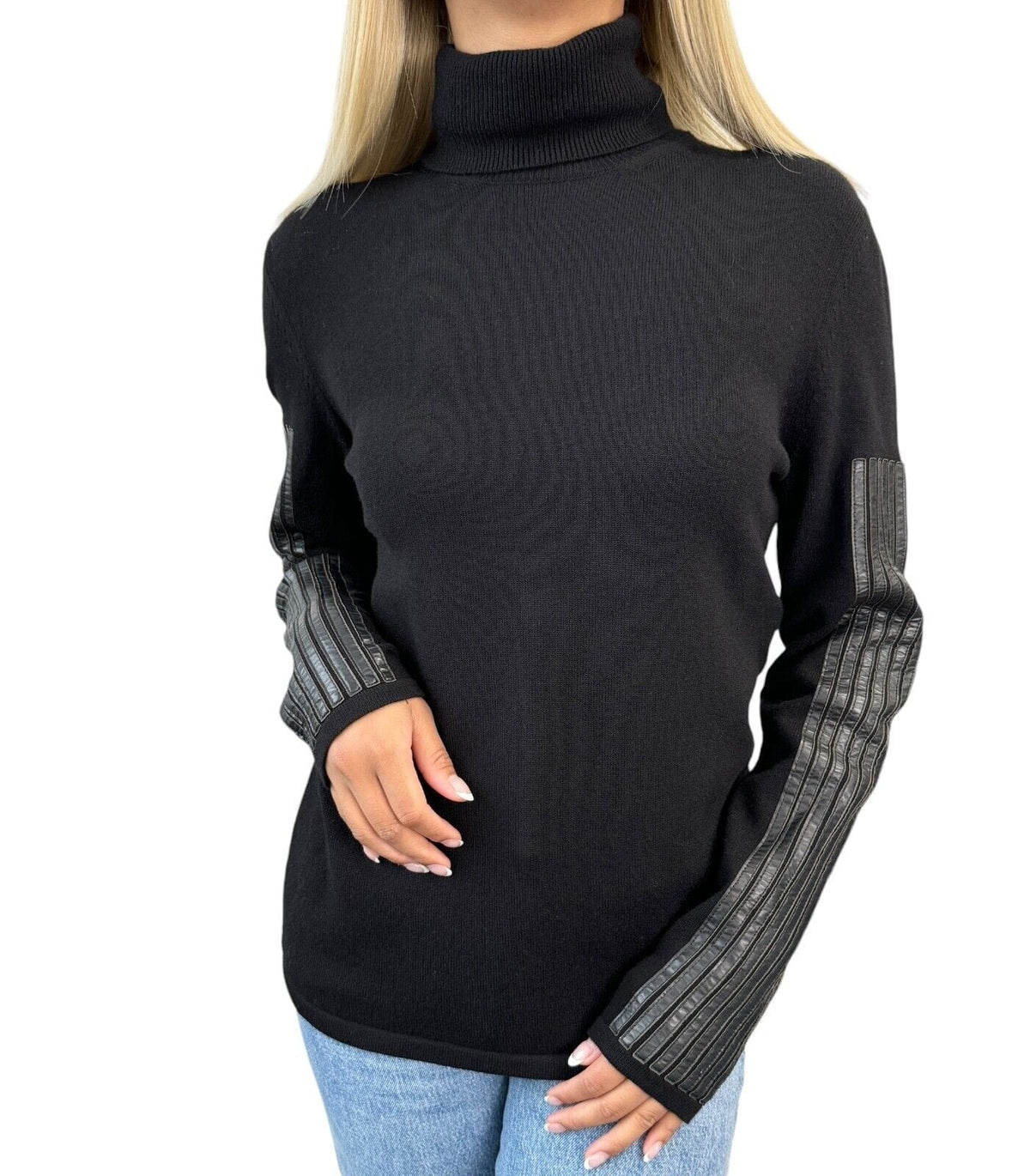 CHANEL Vintage P42169 CC Mark Logo Sweater Top #40 Black Wool Turtleneck