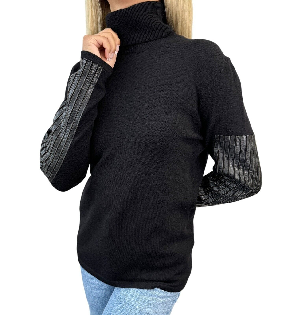 CHANEL Vintage P42169 CC Mark Logo Sweater Top #40 Black Wool Turtleneck