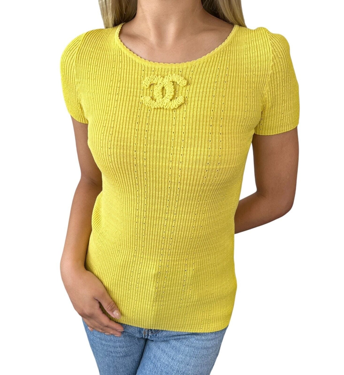 CHANEL 09P Vintage CC Logo Summer Knit Top #34 Yellow Cotton