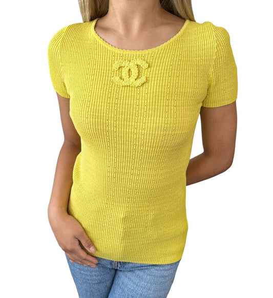 CHANEL 09P Vintage CC Logo Summer Knit Top #34 Yellow Cotton