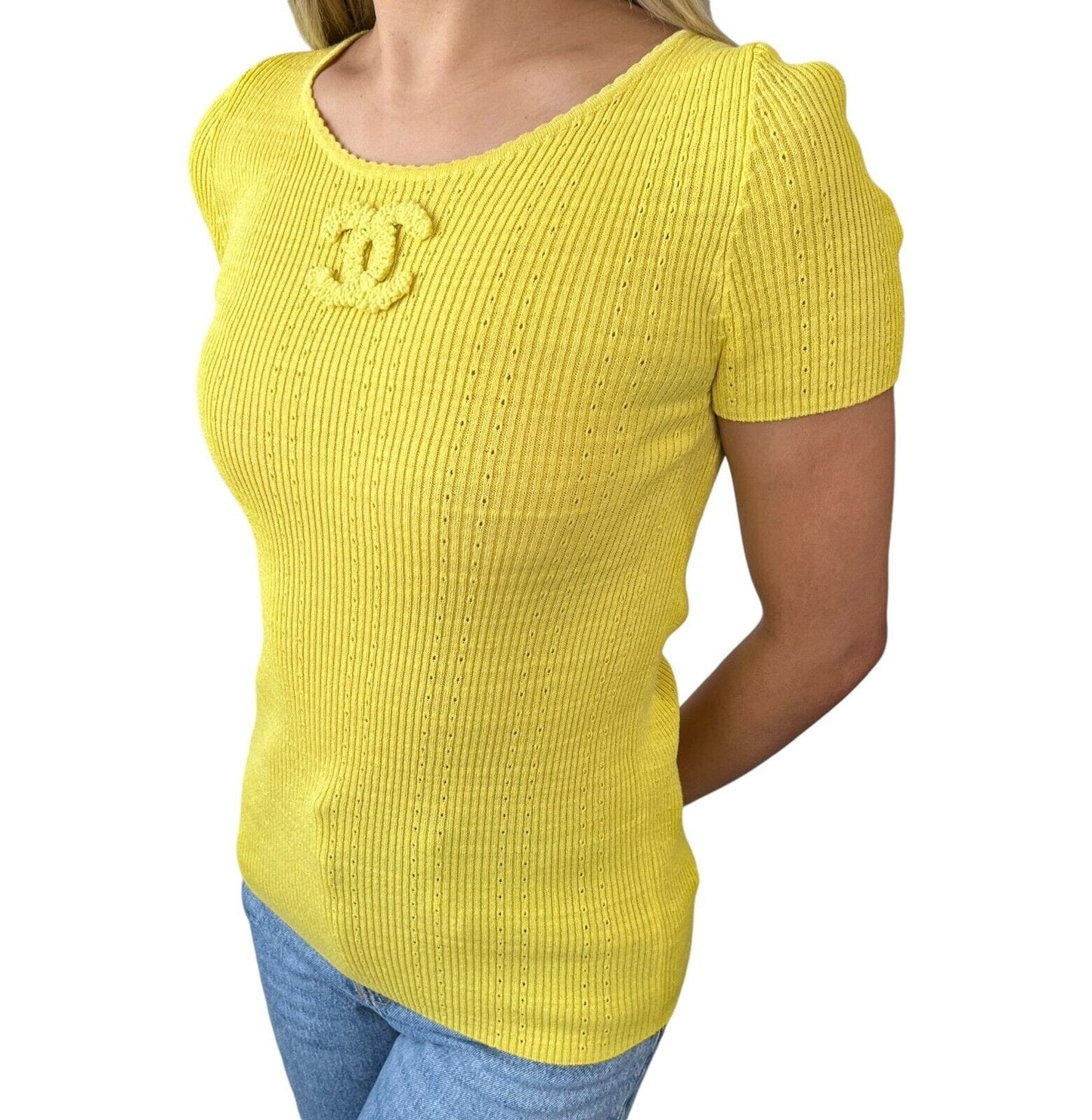 CHANEL 09P Vintage CC Logo Summer Knit Top #34 Yellow Cotton