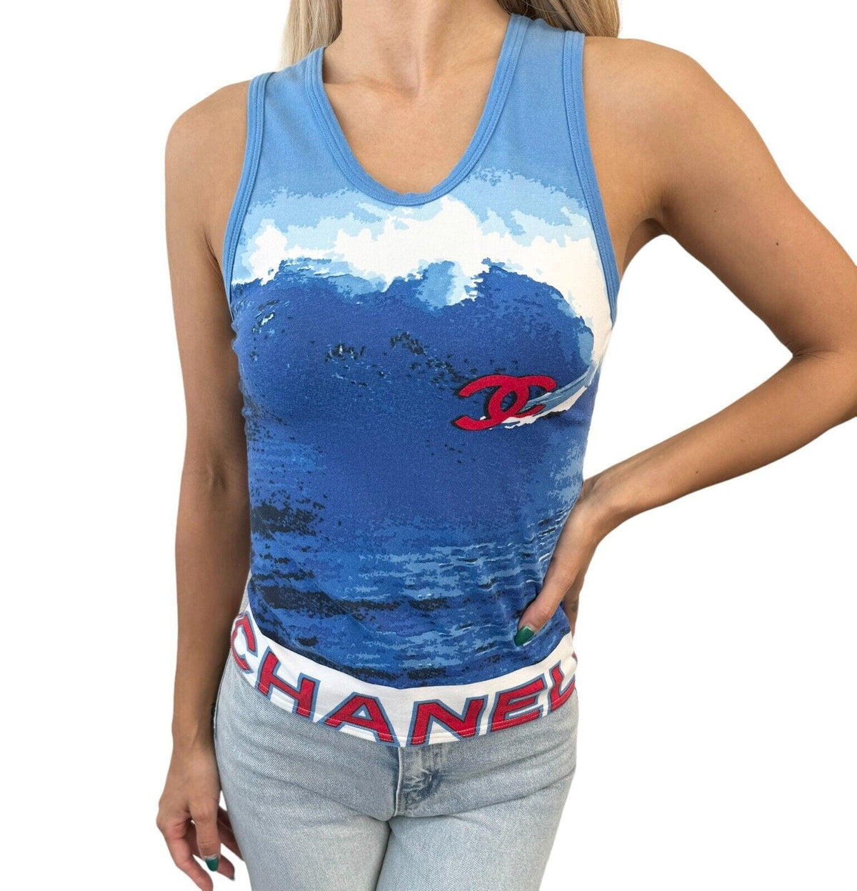 CHANEL Surf Vintage 02S CC Mark Big Logo Tank Top #42 Blue Red Cotton