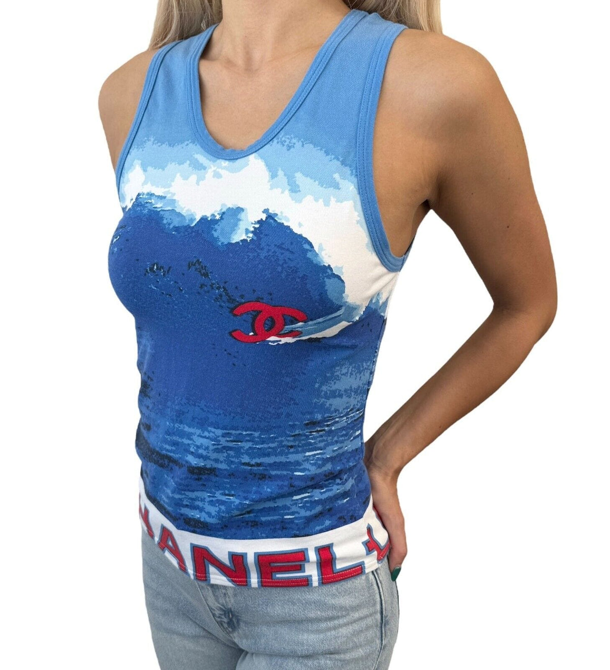 CHANEL Surf Vintage 02S CC Mark Big Logo Tank Top #42 Blue Red Cotton