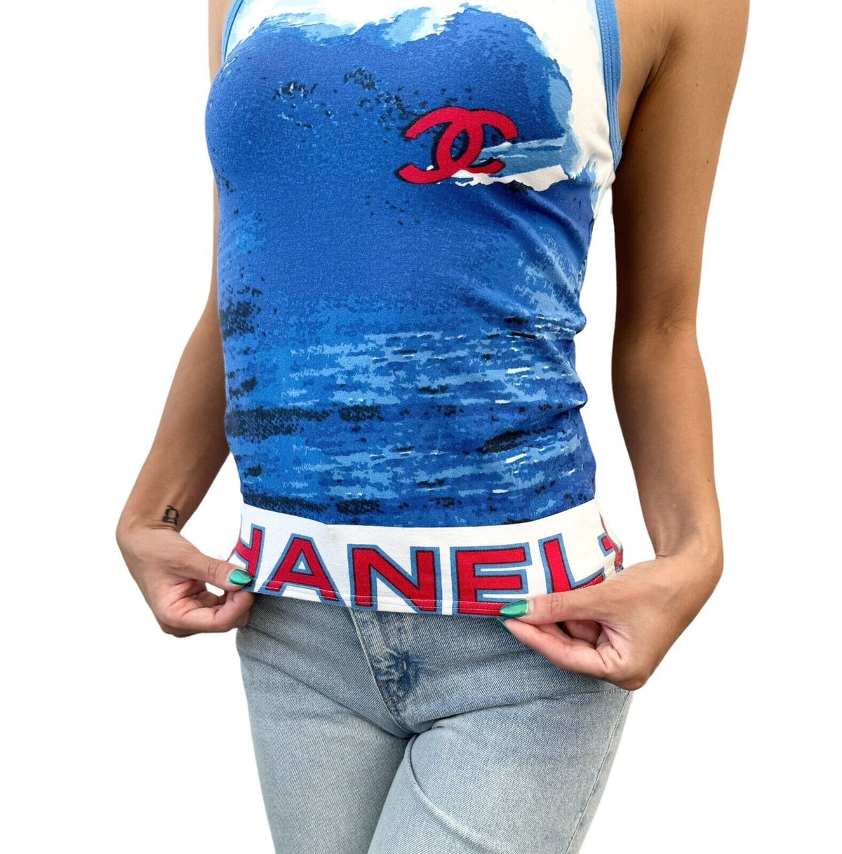 CHANEL Surf Vintage 02S CC Mark Big Logo Tank Top #42 Blue Red Cotton