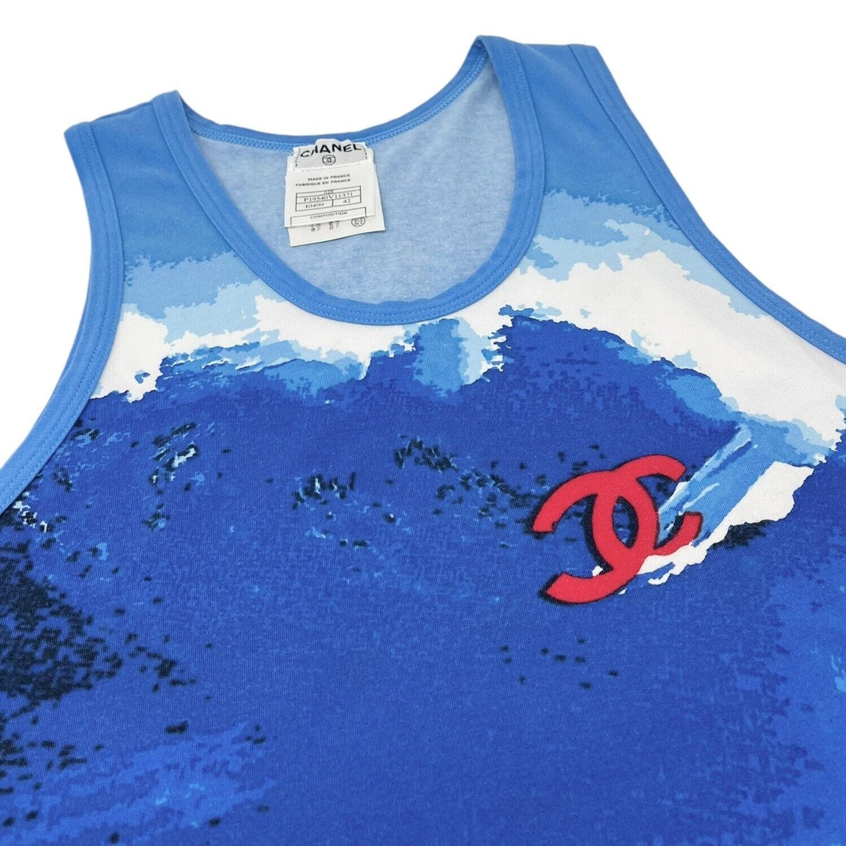 CHANEL Surf Vintage 02S CC Mark Big Logo Tank Top #42 Blue Red Cotton