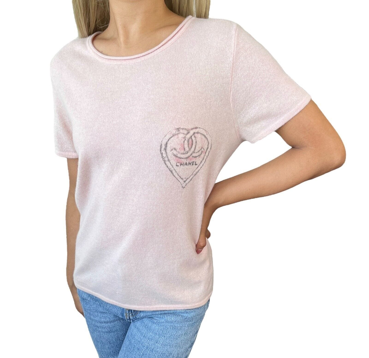 CHANEL Vintage 09C Miami CC Mark Logo Knit Sweater Top #42 Cashmere Pink