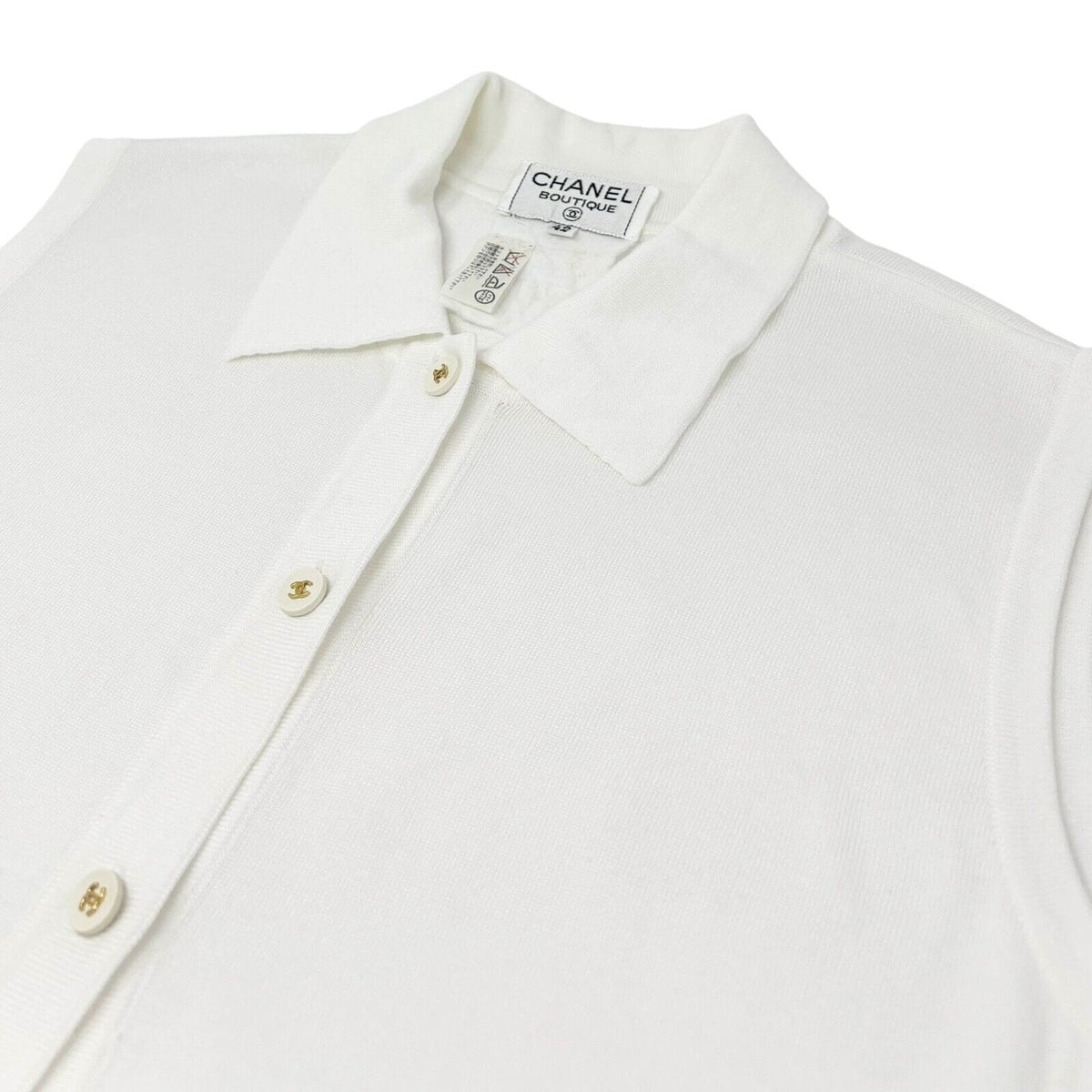 CHANEL Vintage 94P CC Logo Collared Top #42 White Gold Button Cotton