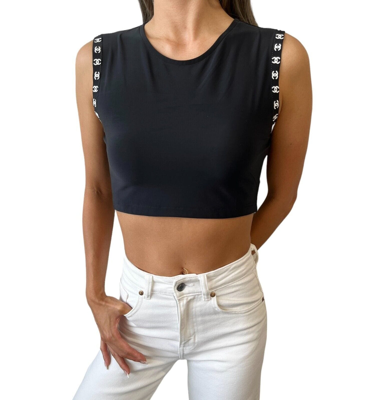 CHANEL Vintage 97C CC Logo Cropped Tank Top #42 Black White Nylon