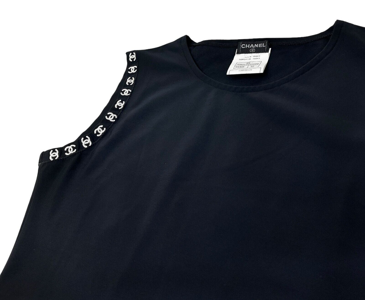 CHANEL Vintage 97C CC Logo Cropped Tank Top #42 Black White Nylon