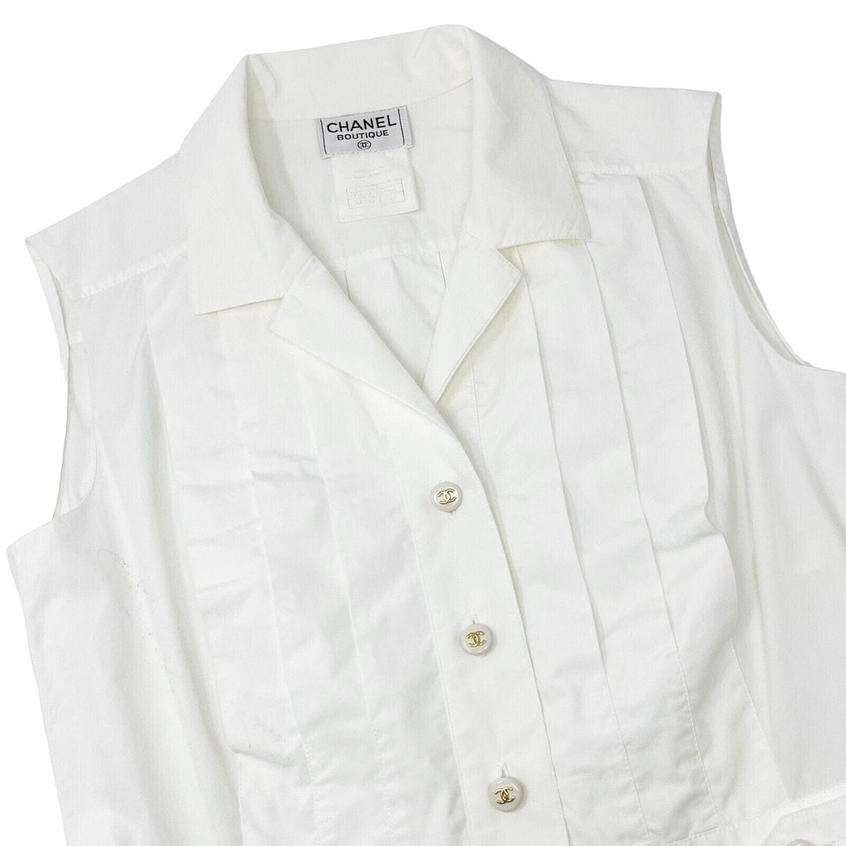 CHANEL Vintage 97P CC Logo Sleeveless Cropped Shirt #38 Top Button White