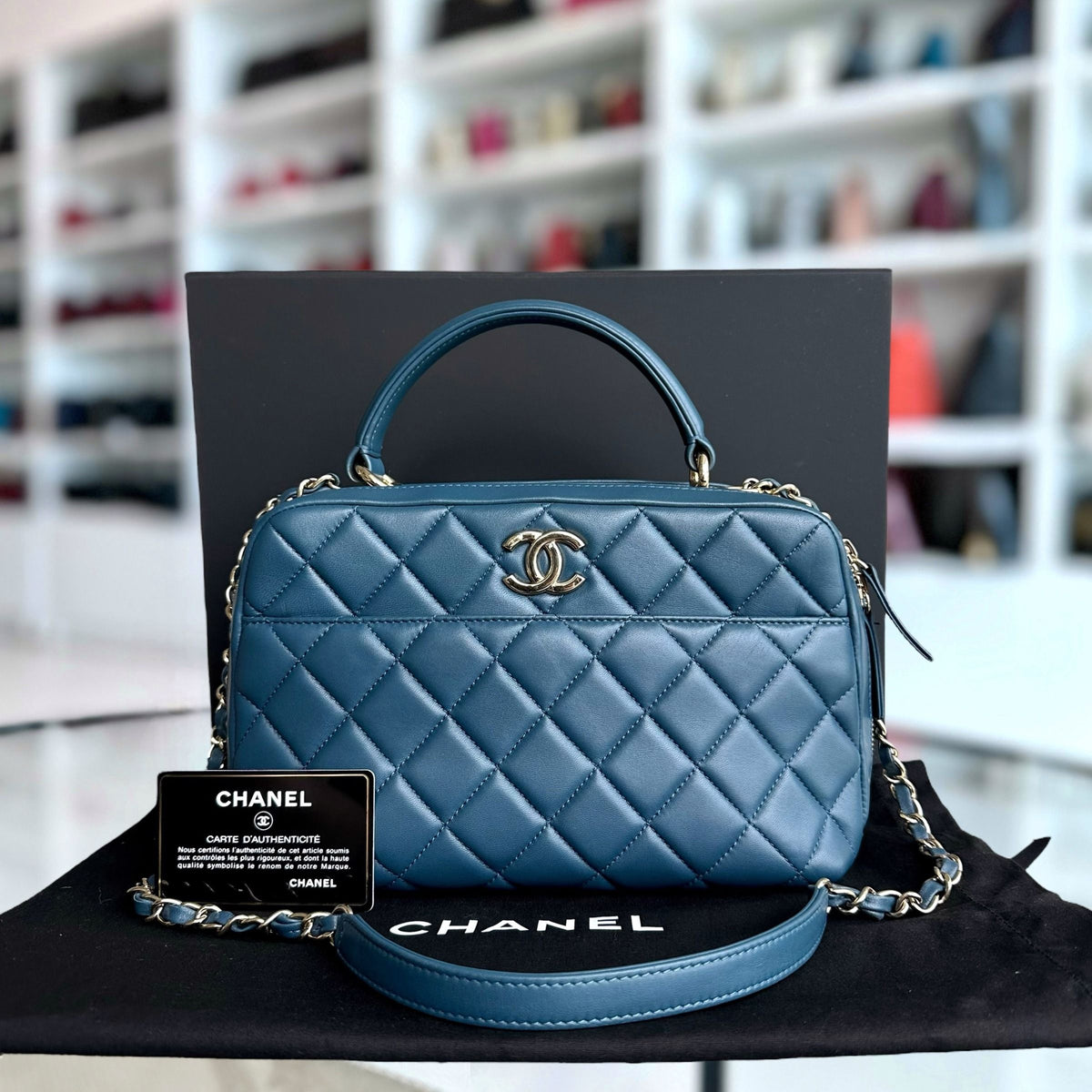 Trendy CC Quilted Lambskin Bowling Camera Bag Dark Blue SHW No 23