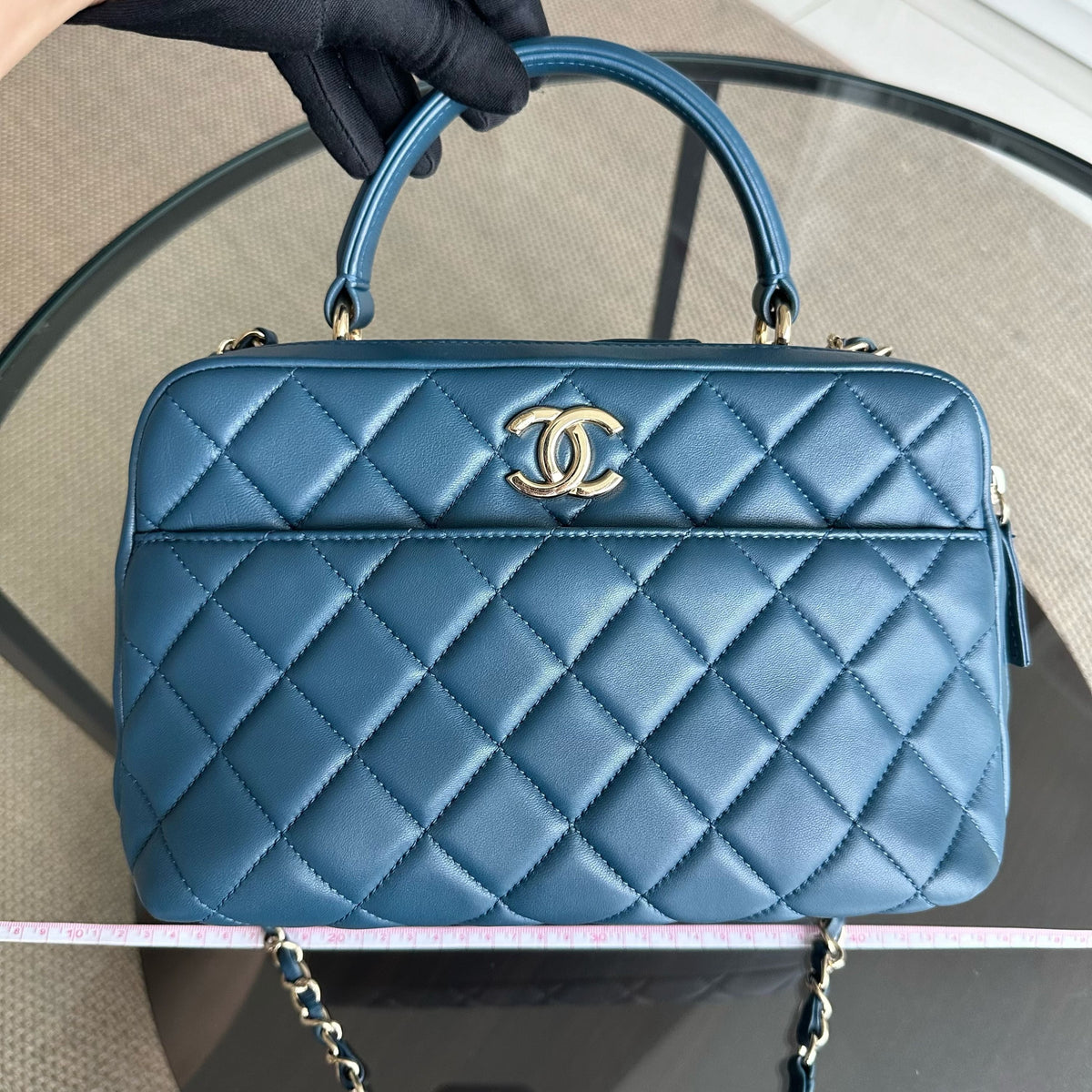 Trendy CC Quilted Lambskin Bowling Camera Bag Dark Blue SHW No 23
