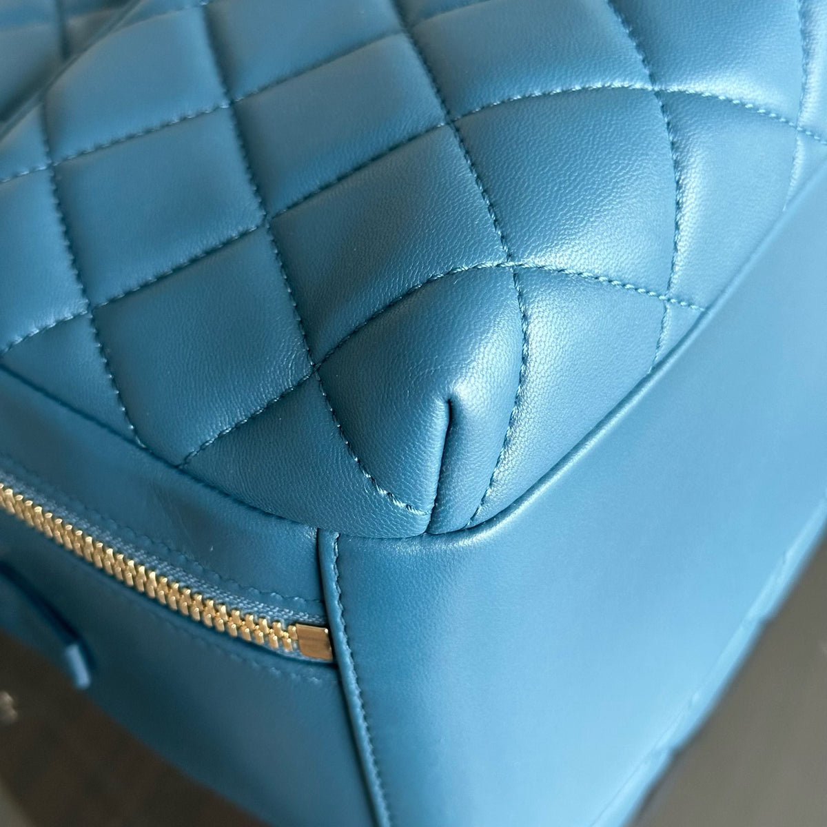 Trendy CC Quilted Lambskin Bowling Camera Bag Dark Blue SHW No 23