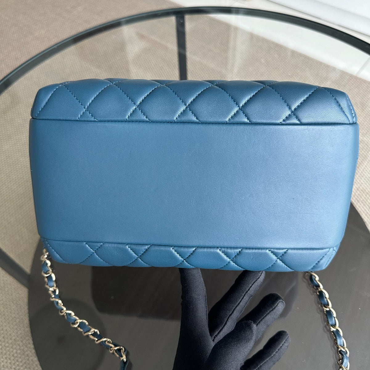 Trendy CC Quilted Lambskin Bowling Camera Bag Dark Blue SHW No 23