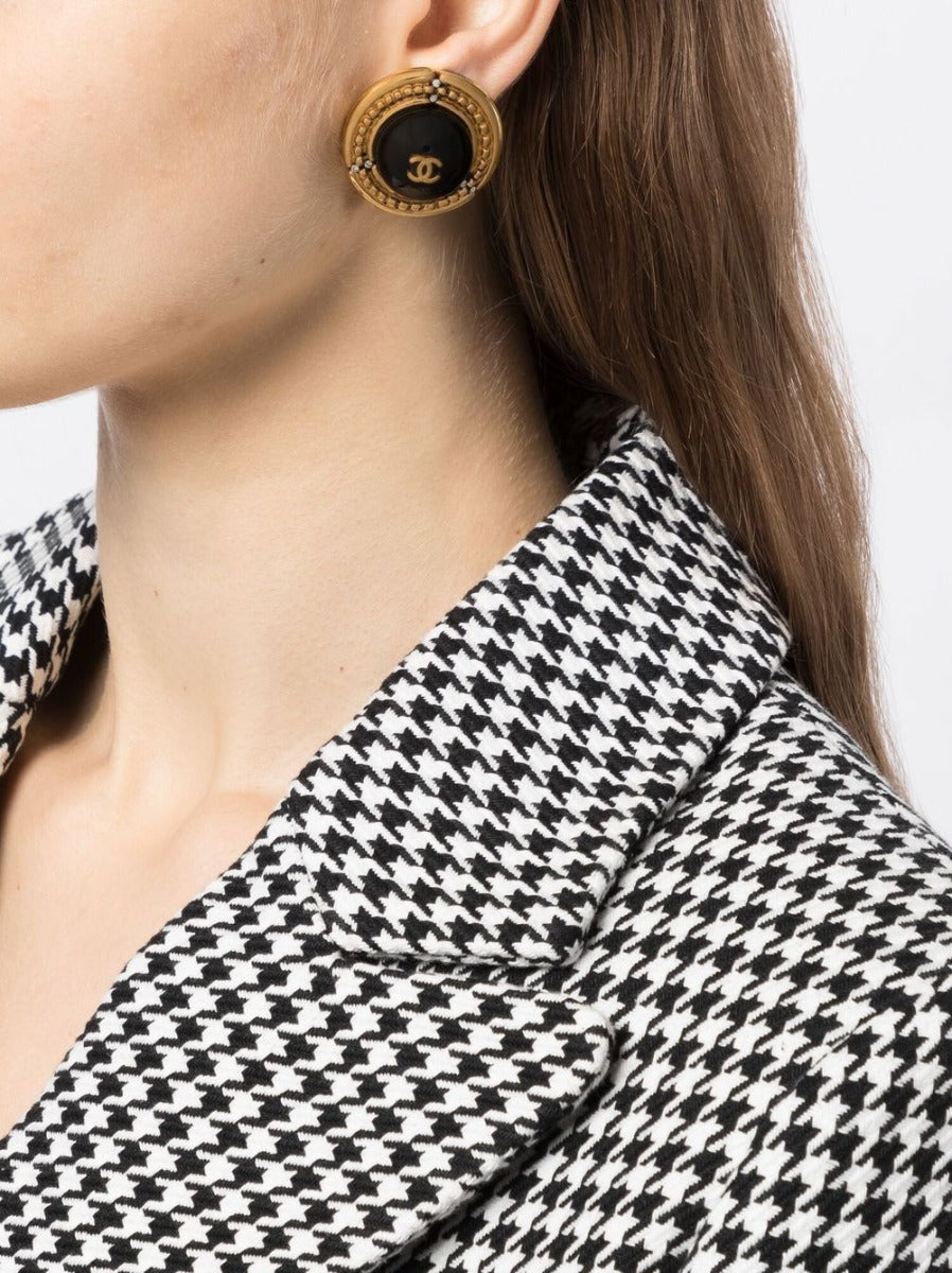 Black Cabochon Logo Clip-on Earrings