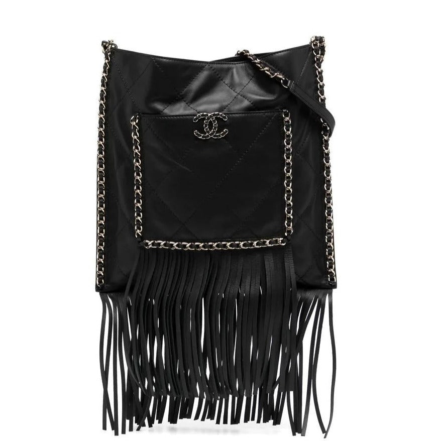 Black Leather Fringe Shopping Bag