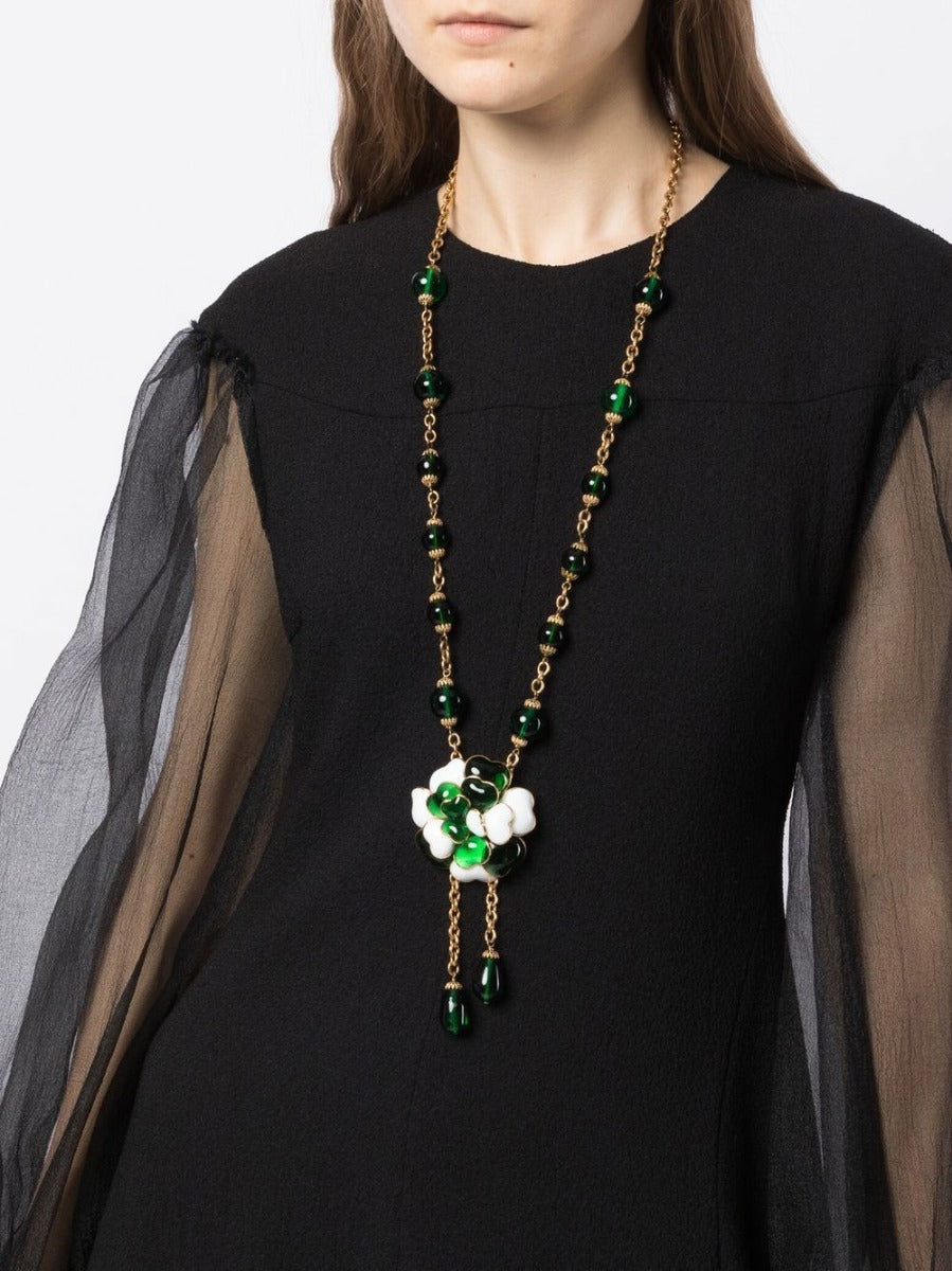 Top Quality Chanel Green Camellia Dangle Necklace