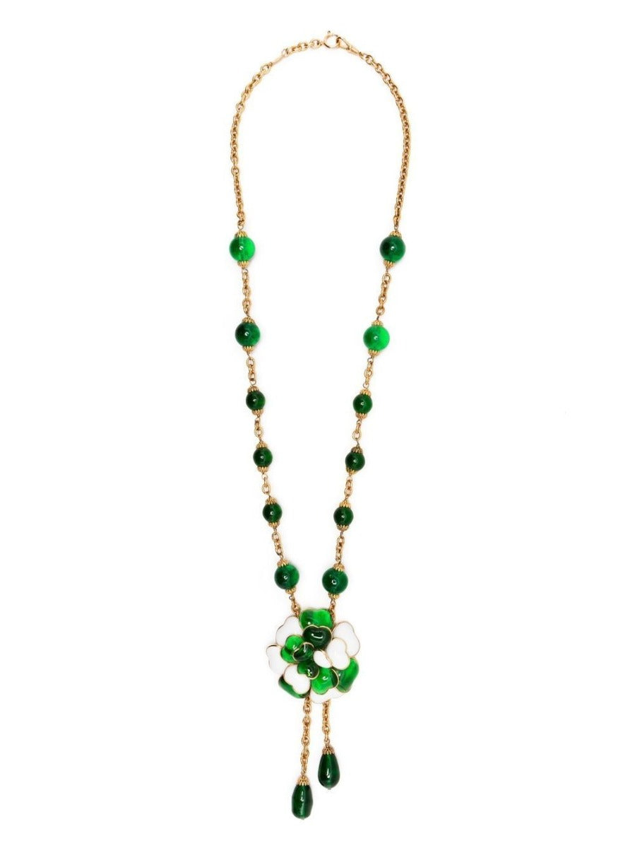 Top Quality Chanel Green Camellia Dangle Necklace