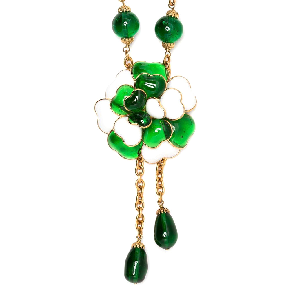 Top Quality Chanel Green Camellia Dangle Necklace