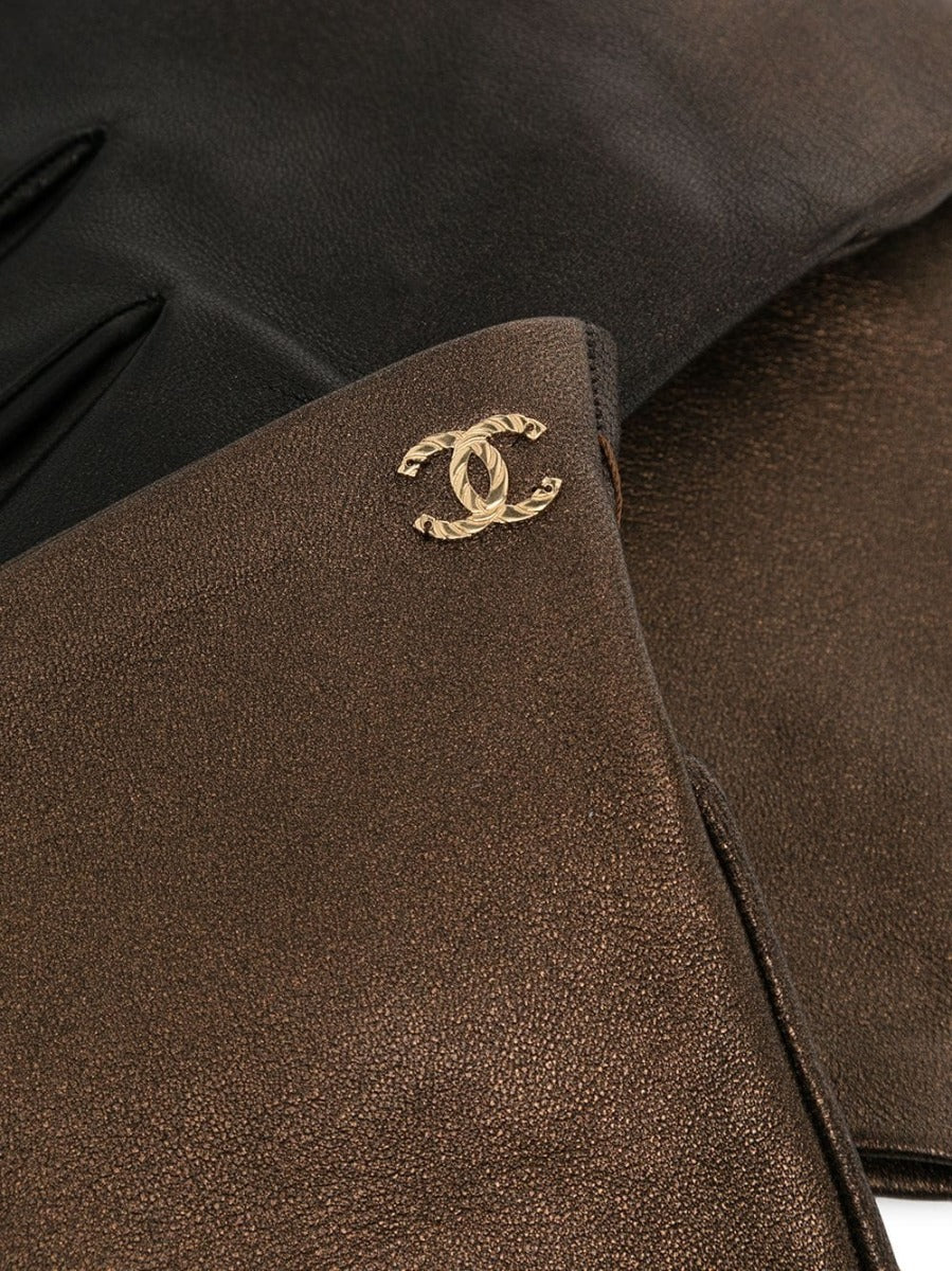 CHANEL Metallic Bronze Leather Gloves