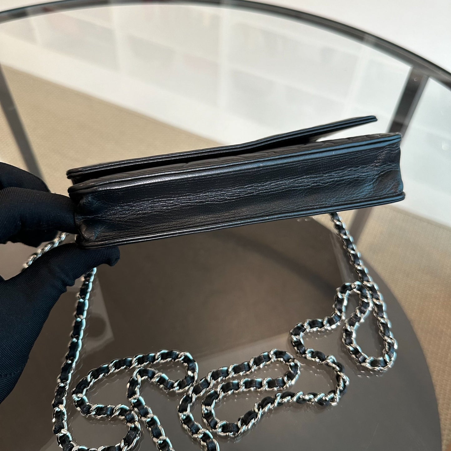WOC Camellia Wallet On Chain Lambskin Black SHW No 20