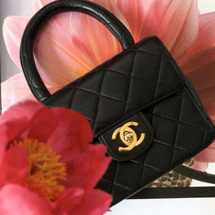 Black Lambskin Kelly Quilted Mini Flap