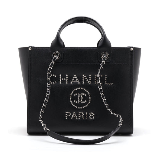 Chanel Deauville Caviar S 2WAY HandBag Black Silver G  25th