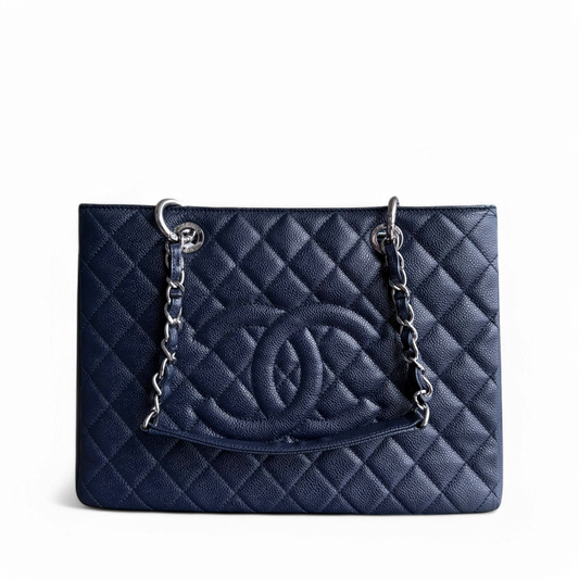 Chanel GST Grand Shopping Tote - Caviar Quilted Dark Midnight Blue Silver Hardware Series 18