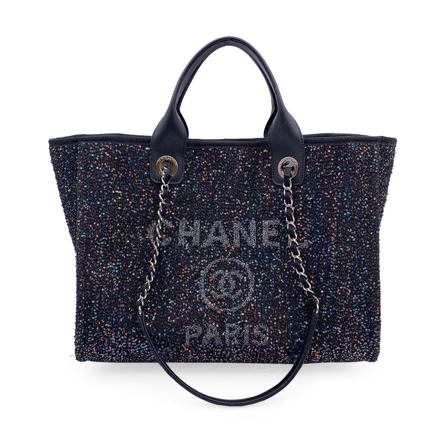 CHANEL Black Sequin Sparkle Canvas Medium Deauville Tote Bag