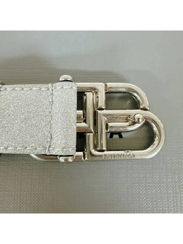 Luxury Balenciaga  BB Buckle Glitter Calf Leather Belt Silver