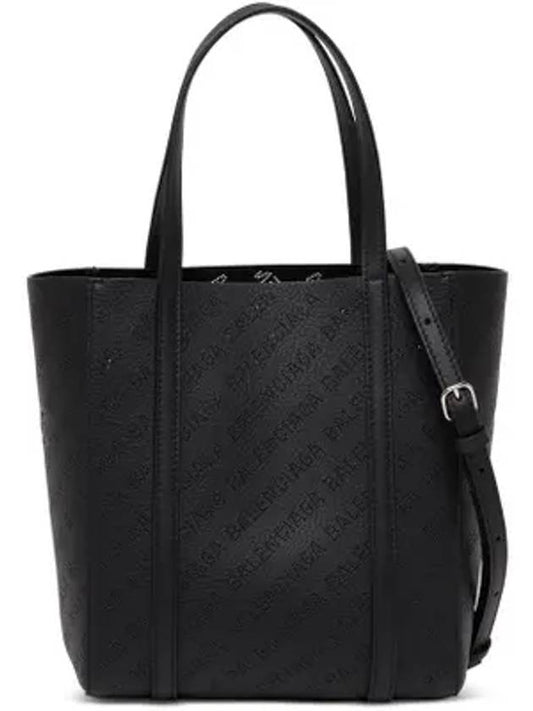 Luxury Balenciaga  Everyday All Over Logo Leather Tote Back Black