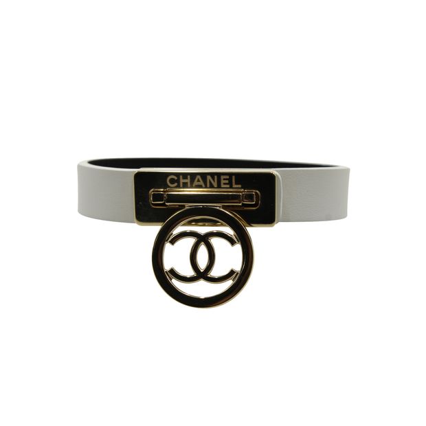 Chanel White Leather Logo Bracelet
