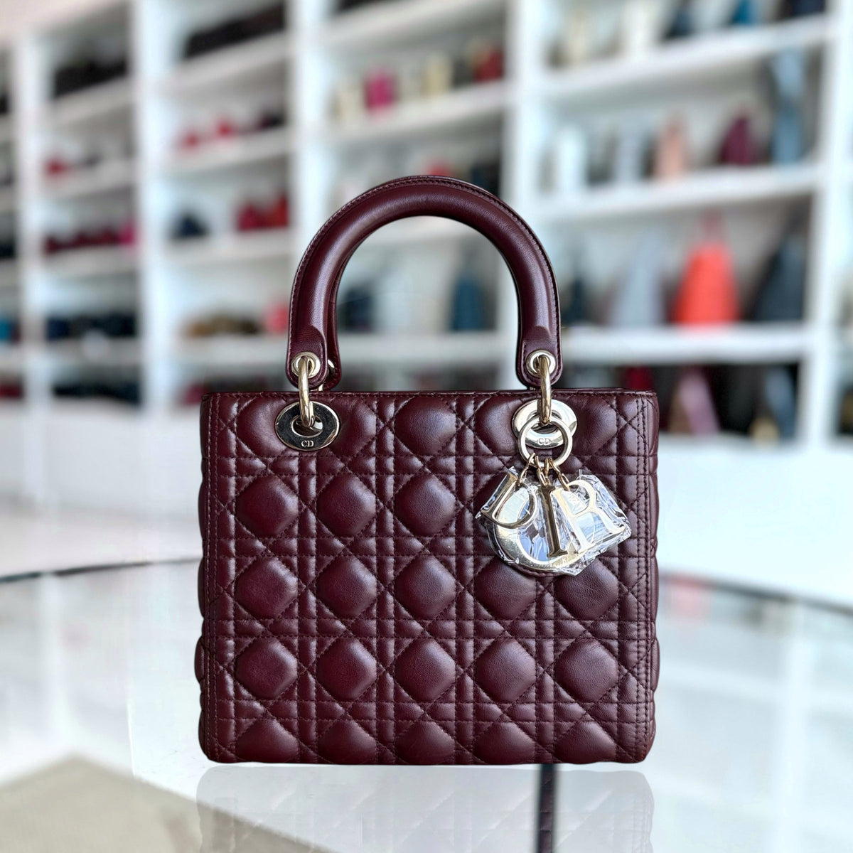 Dior Lady Medium - Cannage Lambskin Dark Burgundy Red Gold Hardware NO STRAP