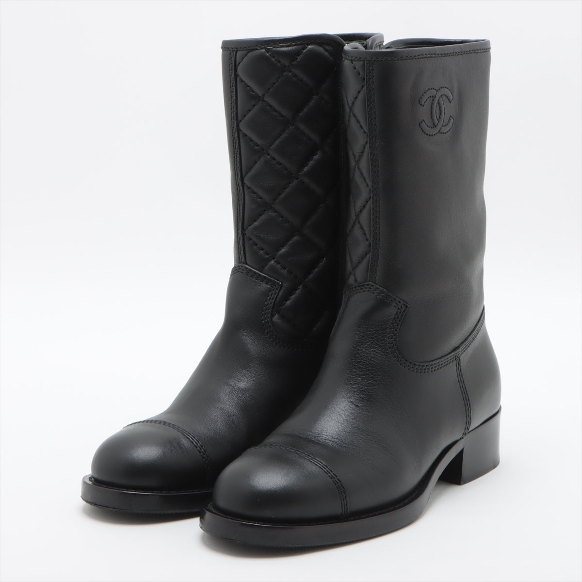 Chanel Coco Leather Short Boots 36C  Black G36707 Matrasse Side Zip