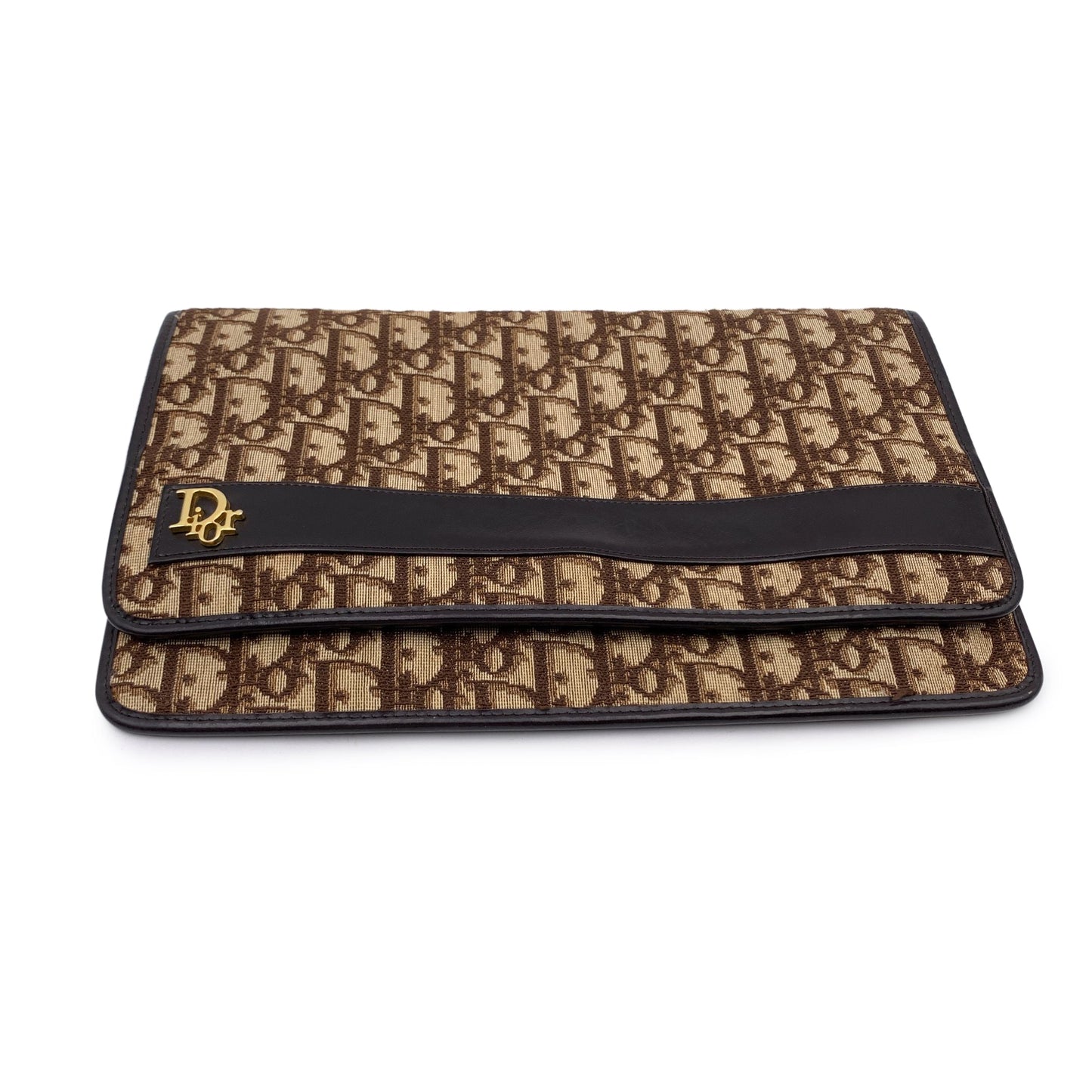 CHRISTIAN DIOR Vintage Brown Logo Oblique Canvas Flap Clutch Purse