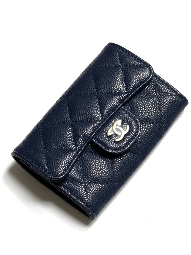 Classic Gold Logo Grained Shiny Calfskin Card Wallet Navy Chanel