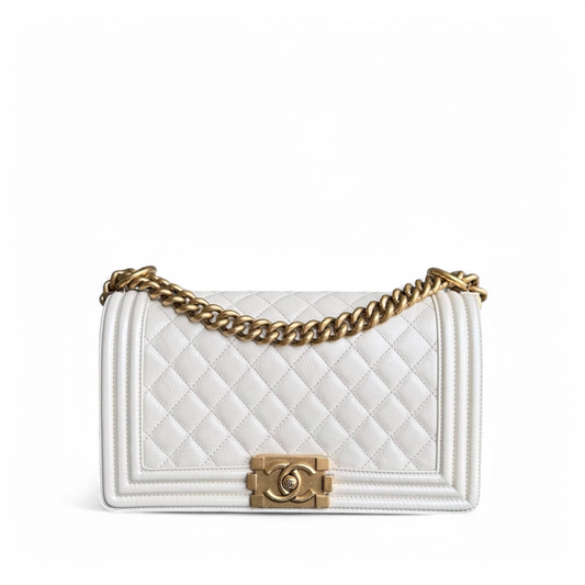 Chanel Boy Medium - Calfskin 25CM Quilted Cream White Aged Gold Hardware Series 20