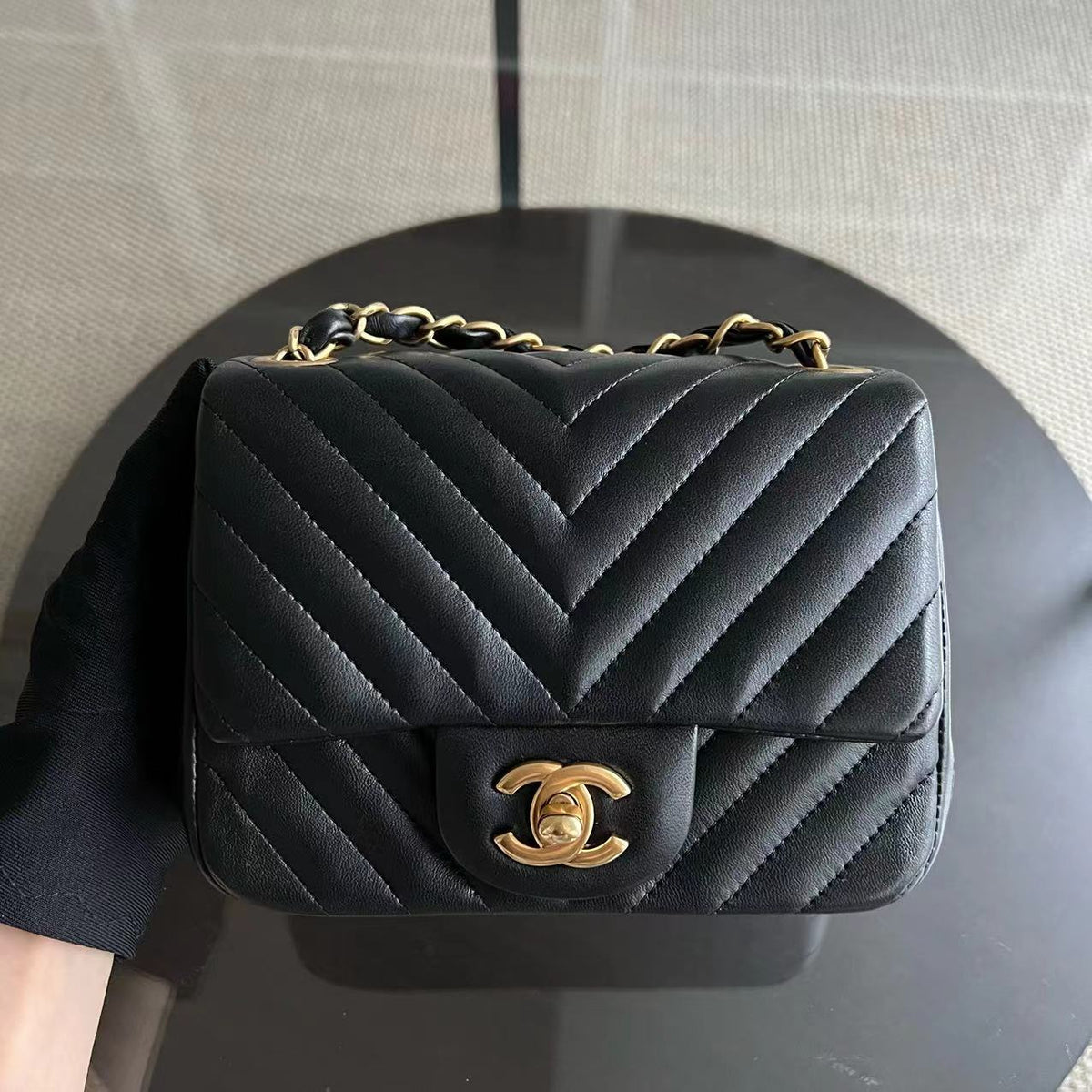 Mini Square Classic Flap Chevron Black Golden Hardware Series 21