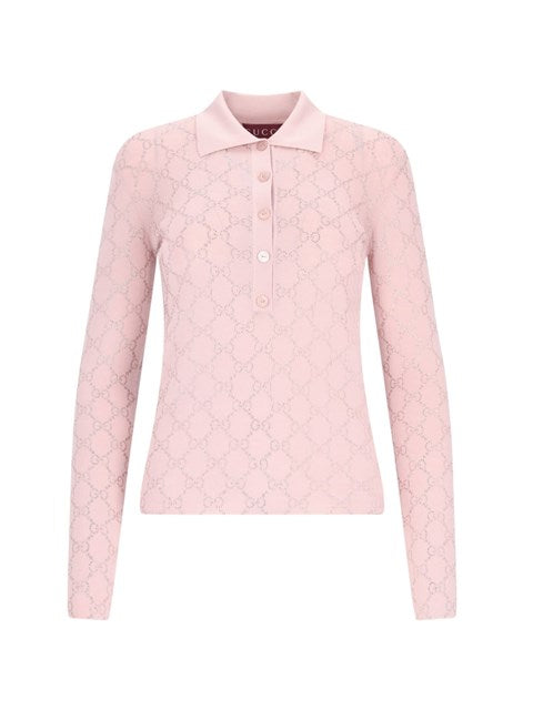 Gucci Women "Gg Crystal" Knit Polo Shirt