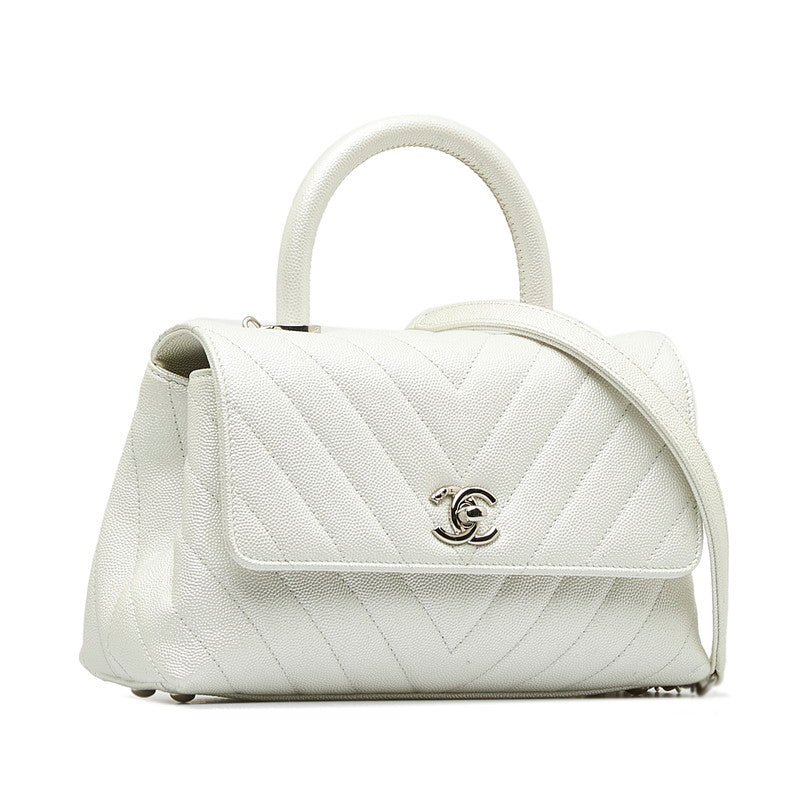 Chanel Chevron V tick Coco Handle HandBag Shoulder Bag 2WAY White Caviar S  Chanel