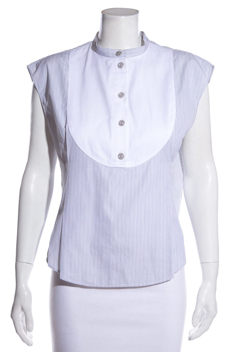 Chanel Gray & White Pinstripe Bib Blouse SZ 38