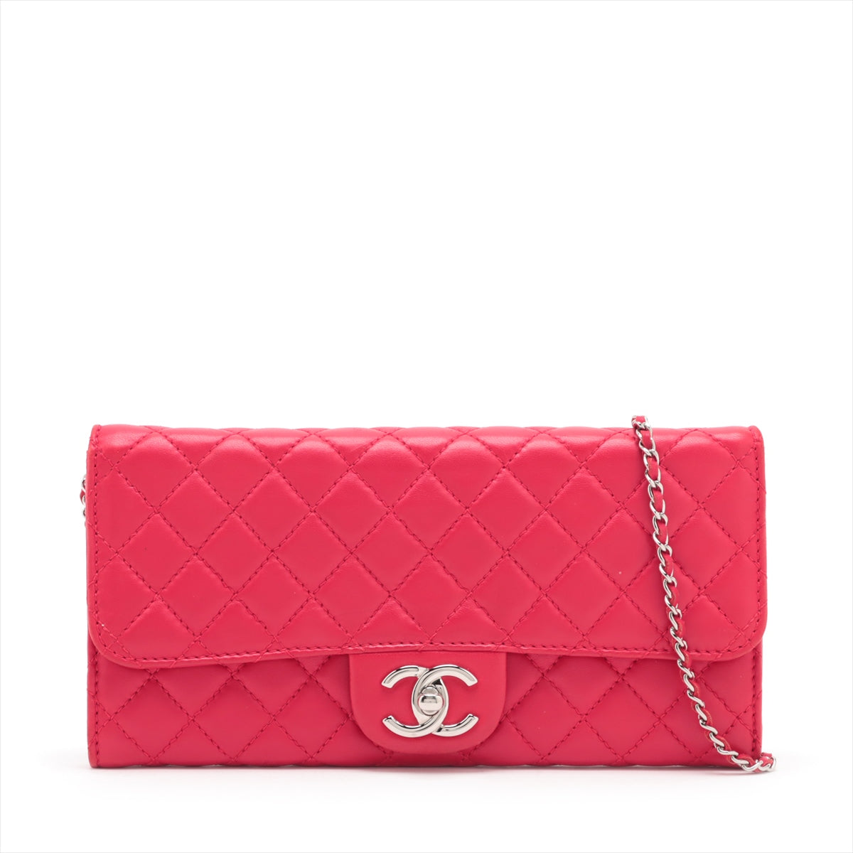 Chanel Lambskin  Chain Wallet Red Silver G