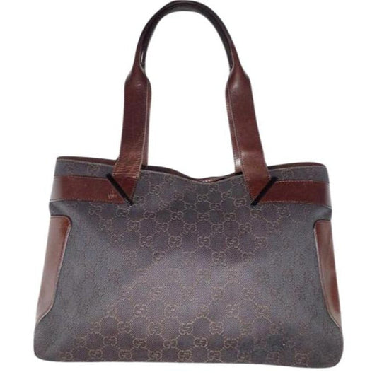 Gucci Black Denim With Brown Large G Logo Print And Brown Leather Tote