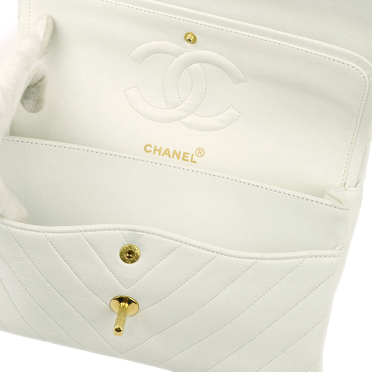 Chanel White Lambskin V Stitch Medium Classic Double Flap Shoulder Bag