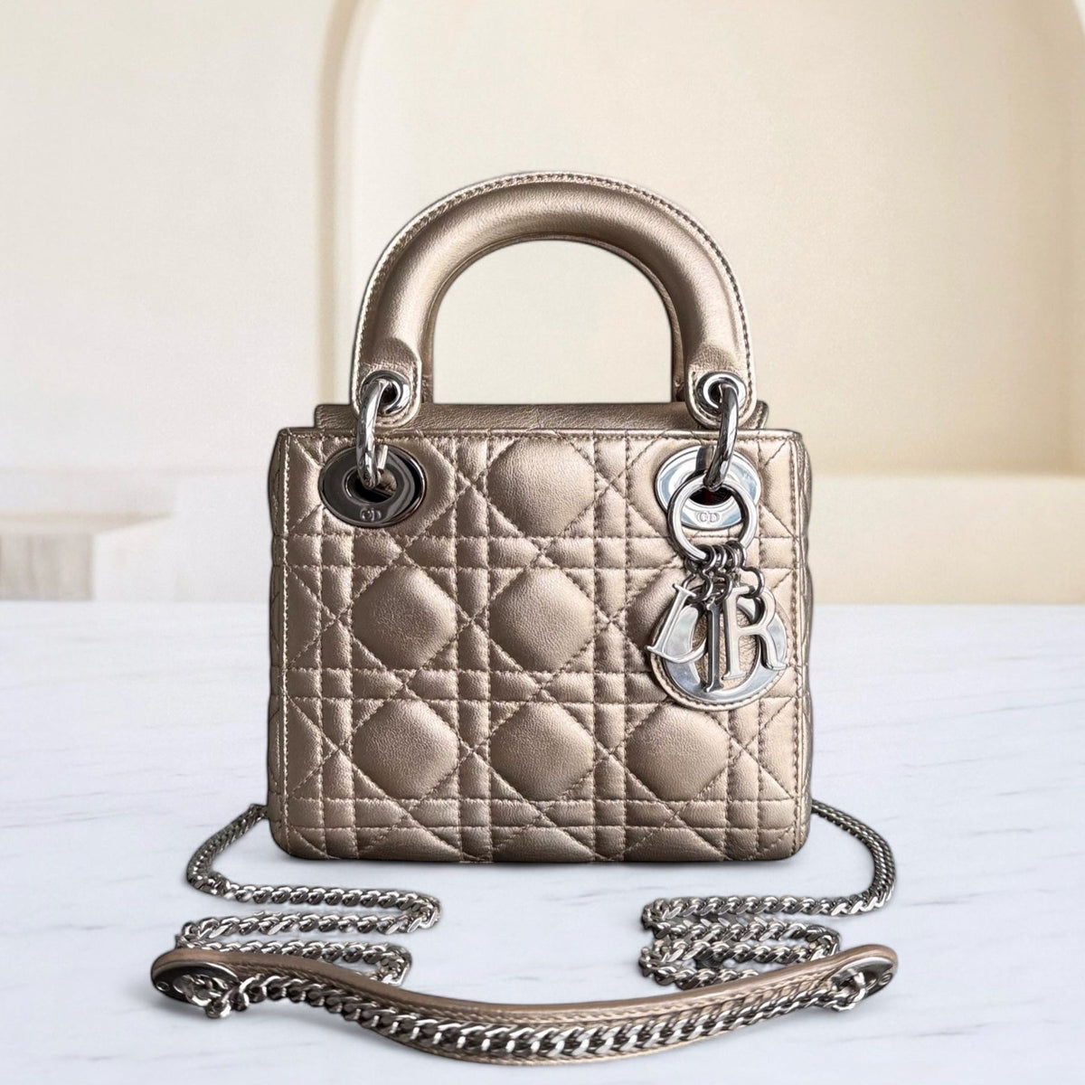 Dior Lady Mini - Cannage Lambskin Gold Silver Hardware Chain Strap